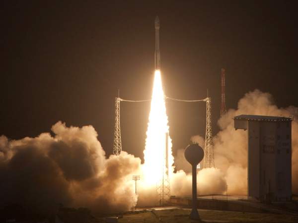 Vega taking off from Europe's spaceport in Kourou, French Guiana, on its maiden flight on 13 February 2012. Image courtesy of ESA - S. Corvaja, 2012.