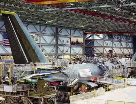 The construction of the 747-400ER extended range freighter at the Boeing factory in Everett, Washington. The freighter, one of three ordered by KLM, has a range of 9,032km.